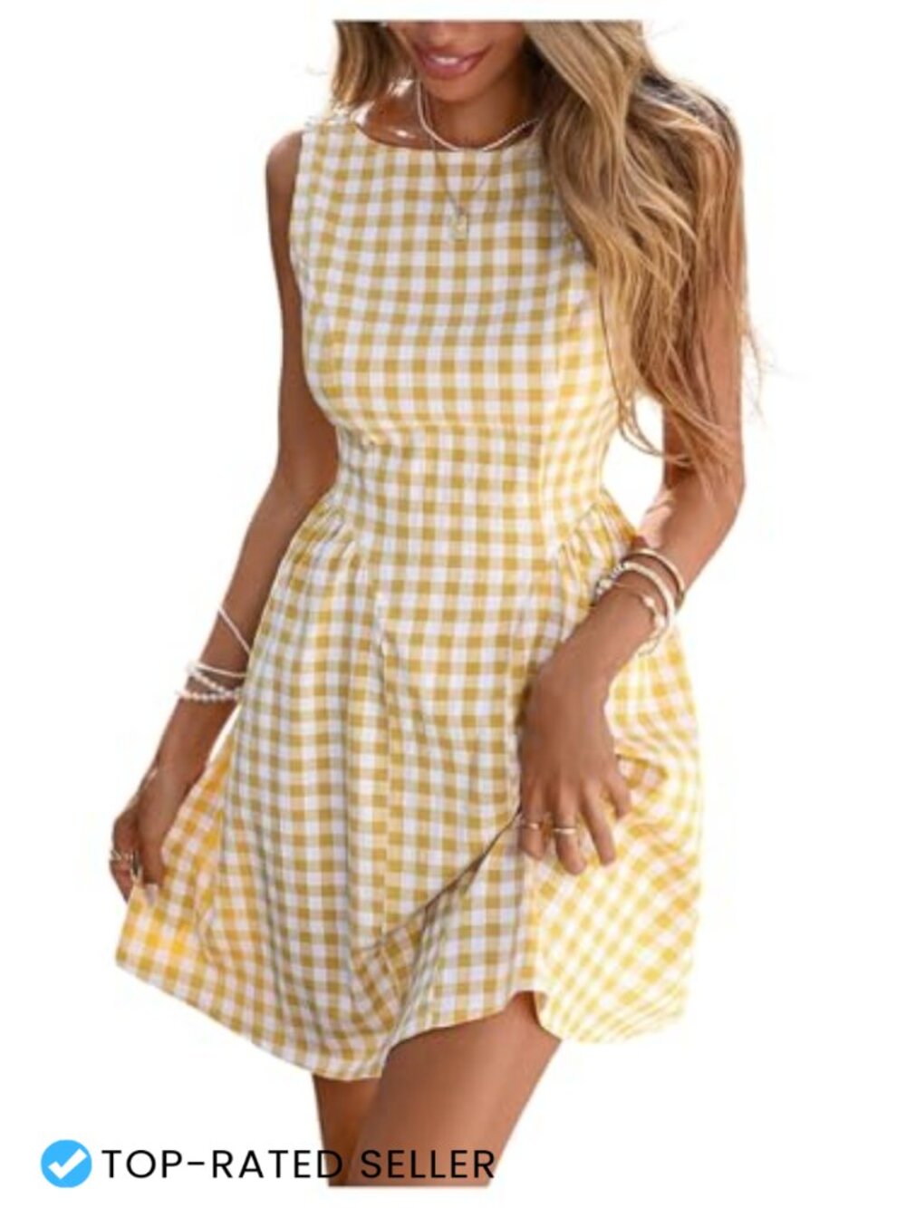 Sleeveless Gingham A-Line Belted Casual Dress Polyester Elastane